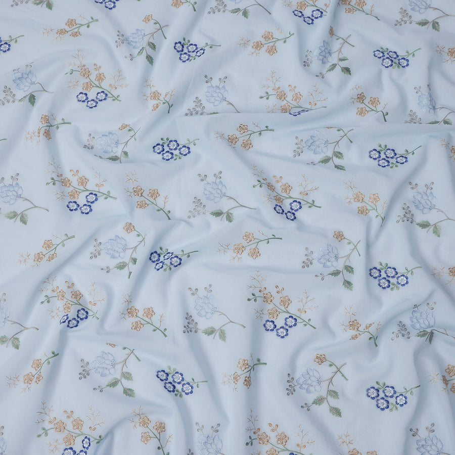 قماش قطني أزرق فاتح متعدد الألوان مطرز بالزهور، عرض 110 سم، الهند - D25316