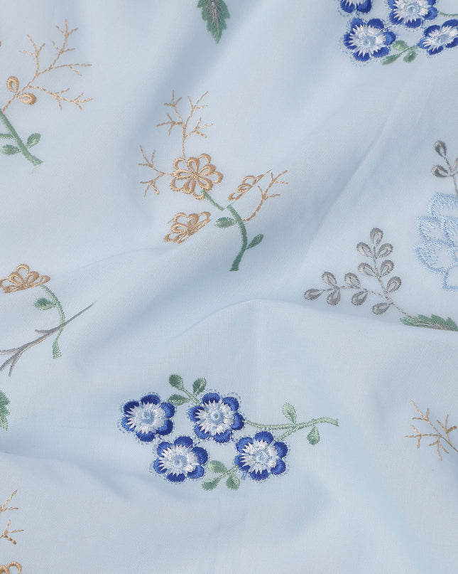 Light Blue Cotton Voile Multicolor Floral Embroidery Fabric, Width 110 Cms, India-D25316