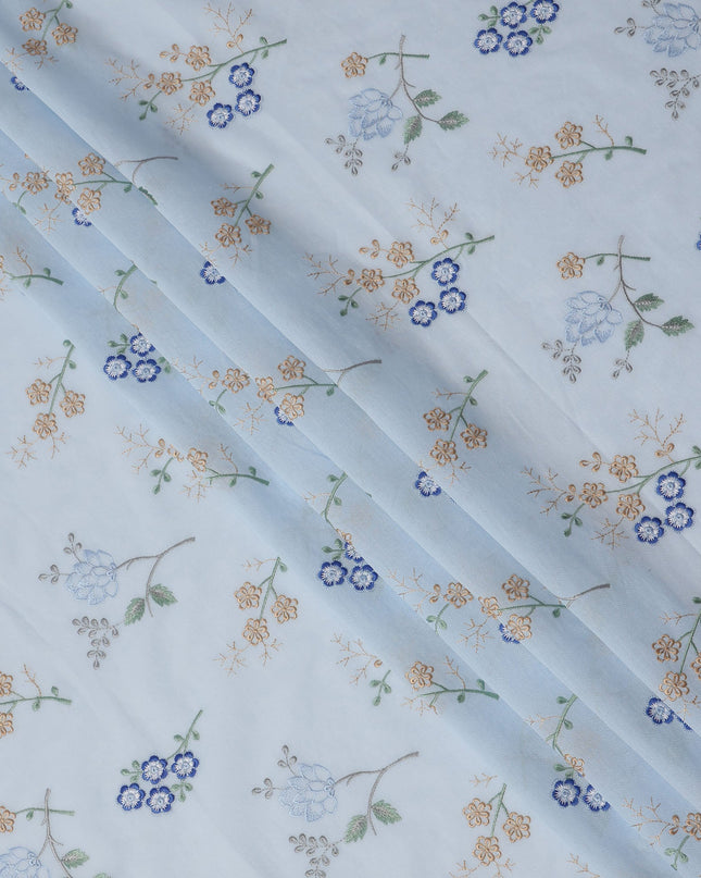 Light Blue Cotton Voile Multicolor Floral Embroidery Fabric, Width 110 Cms, India-D25316