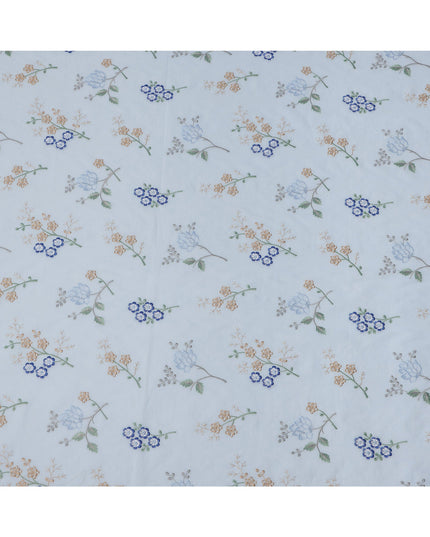 قماش قطني أزرق فاتح متعدد الألوان مطرز بالزهور، عرض 110 سم، الهند - D25316