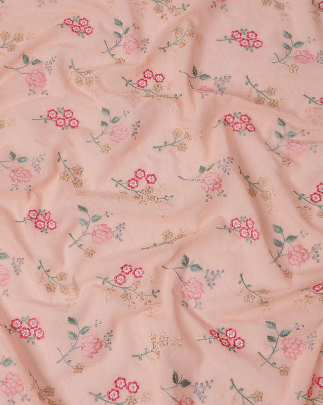 Peach Cotton Voile Multicolor Floral Embroidery Fabric, Width 110 Cms, India-D25310