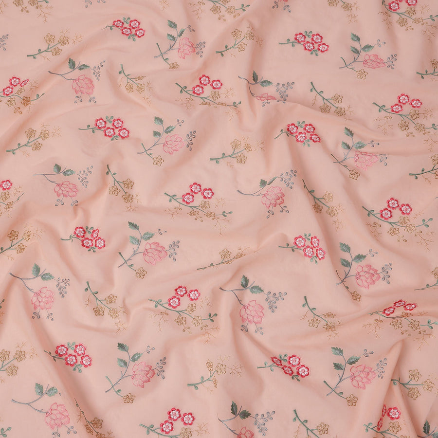 قماش فوال قطني بلون الخوخ متعدد الألوان مطرز بالزهور، عرض 110 سم، الهند - D25310