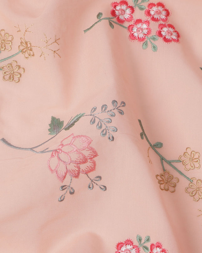 Peach Cotton Voile Multicolor Floral Embroidery Fabric, Width 110 Cms, India-D25310