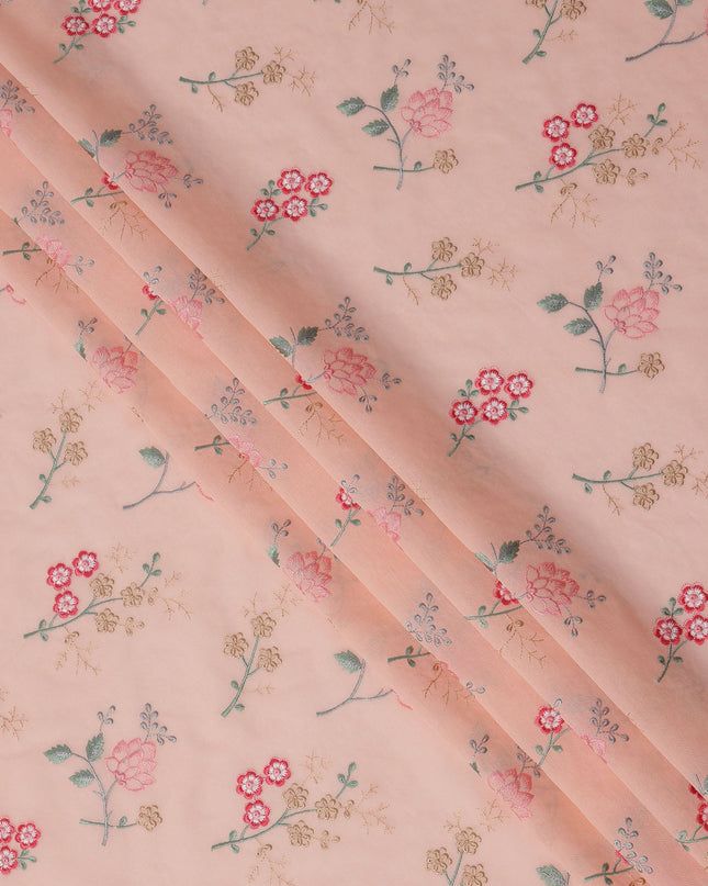 Peach Cotton Voile Multicolor Floral Embroidery Fabric, Width 110 Cms, India-D25310