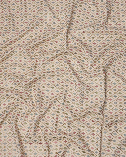 Cream Multicolor Diamond Motif Cotton Voile Embroidery Fabric, 110 cm Width, Made in India-D24680