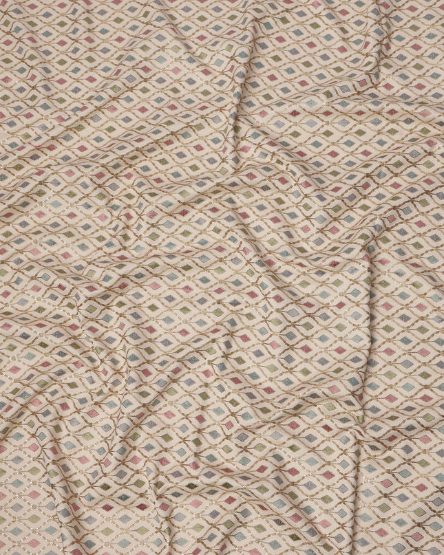 Cream Multicolor Diamond Motif Cotton Voile Embroidery Fabric, 110 cm Width, Made in India-D24680