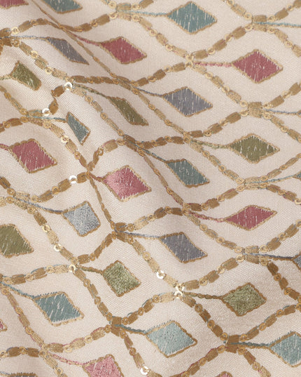 Cream Multicolor Diamond Motif Cotton Voile Embroidery Fabric, 110 cm Width, Made in India-D24680