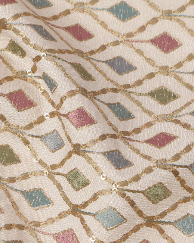 Cream Multicolor Diamond Motif Cotton Voile Embroidery Fabric, 110 cm Width, Made in India-D24680