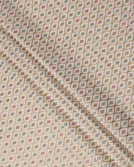 Cream Multicolor Diamond Motif Cotton Voile Embroidery Fabric, 110 cm Width, Made in India-D24680