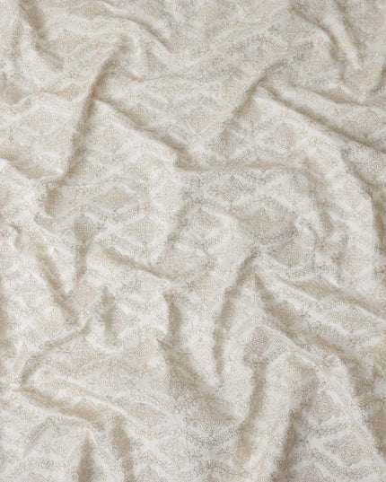 Beige Geometric Cotton Silk Embroidery Fabric 140cm