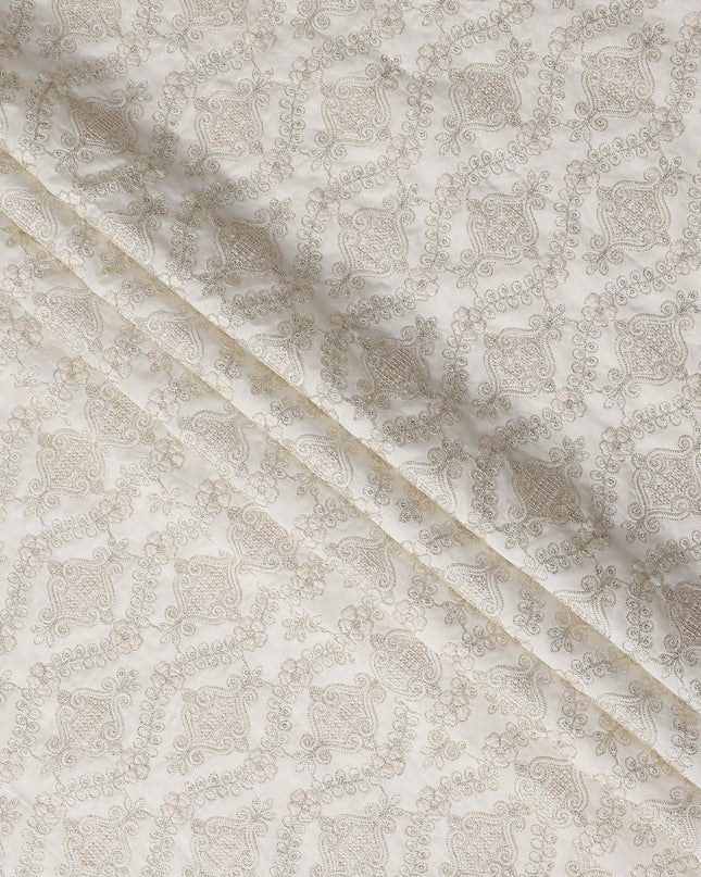 Beige Geometric Cotton Silk Embroidery Fabric 140cm