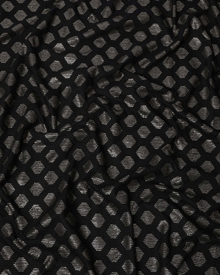 Black and Silver Geometric Patterned Synthetic Brocade Fabric, 110 Cms Width, Made in India-D26274