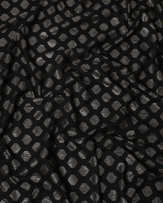 Black and Silver Geometric Patterned Synthetic Brocade Fabric, 110 Cms Width, Made in India-D26274