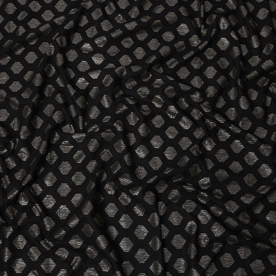 Black and Silver Geometric Patterned Synthetic Brocade Fabric, 110 Cms Width, Made in India-D26274
