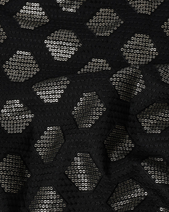 Black and Silver Geometric Patterned Synthetic Brocade Fabric, 110 Cms Width, Made in India-D26274
