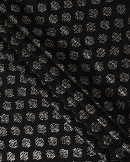 Black and Silver Geometric Patterned Synthetic Brocade Fabric, 110 Cms Width, Made in India-D26274