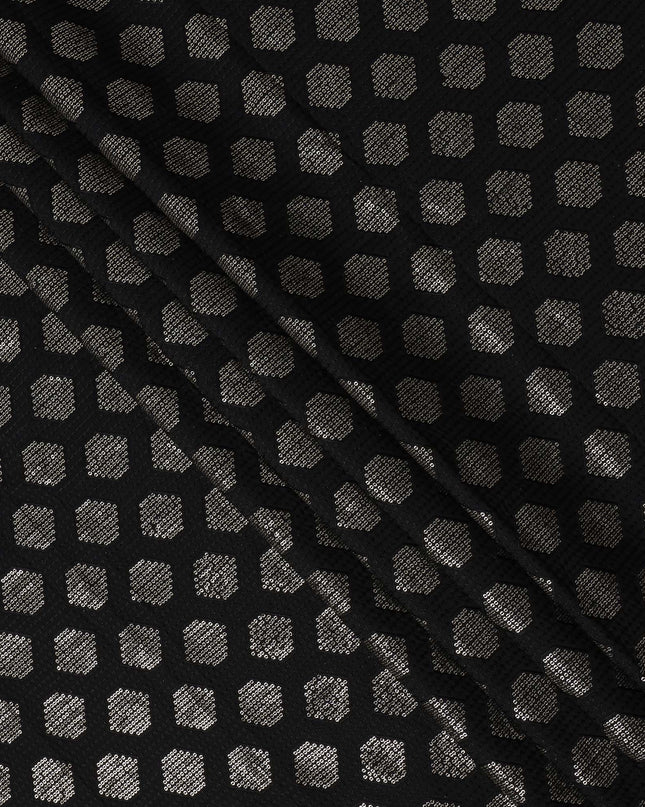Black and Silver Geometric Patterned Synthetic Brocade Fabric, 110 Cms Width, Made in India-D26274