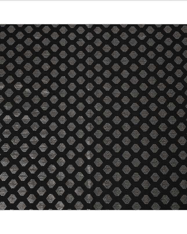 Black and Silver Geometric Patterned Synthetic Brocade Fabric, 110 Cms Width, Made in India-D26274