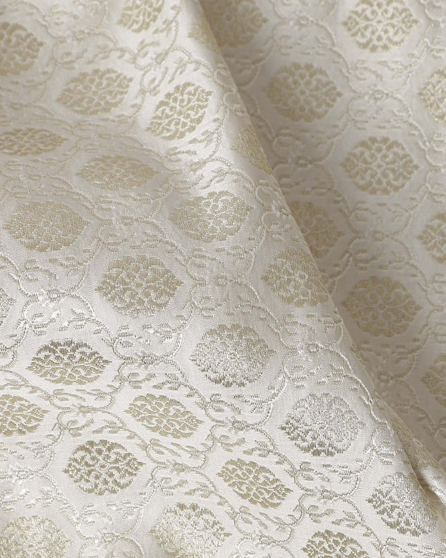 Ivory White Self Design Synthetic Brocade Fabric 110cm
