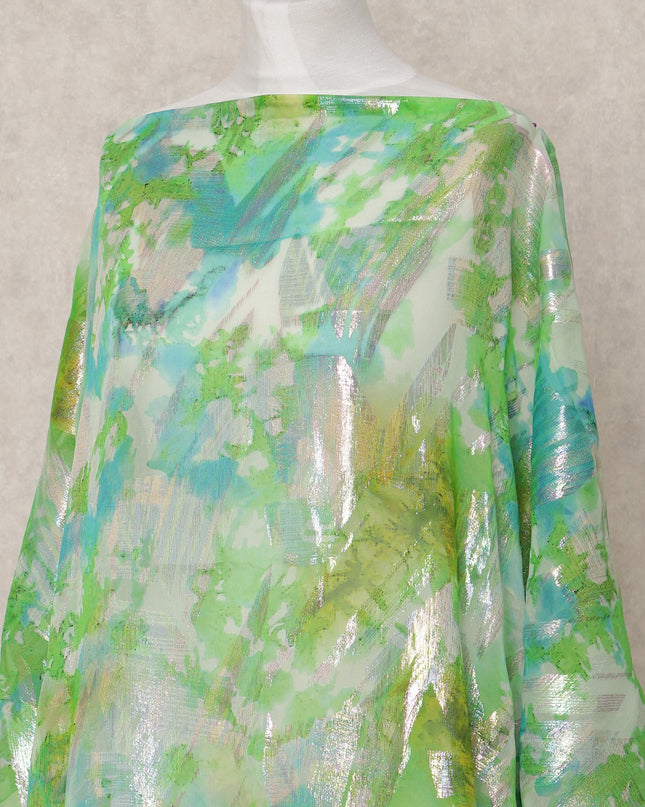 Green Blue Pure Silk Chiffon Somali Dirac Fabric with Metallic Lurex, 3.5 Mtrs, Width 140 Cms, Made in South Korea-D24525