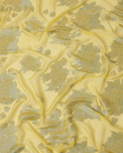 Yellow Floral Pure Silk Chiffon Fabric with Metallic Lurex, 110 Cms Width, South Korea-D25245