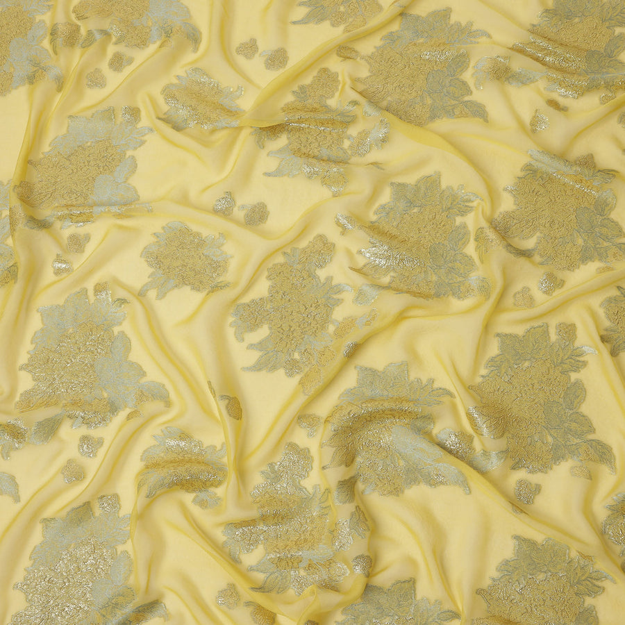 Yellow Floral Pure Silk Chiffon Fabric with Metallic Lurex, 110 Cms Width, South Korea-D25245
