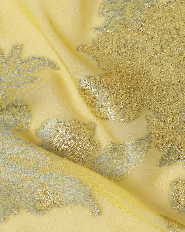 Yellow Floral Pure Silk Chiffon Fabric with Metallic Lurex, 110 Cms Width, South Korea-D25245