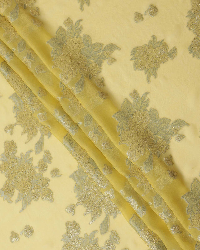 Yellow Floral Pure Silk Chiffon Fabric with Metallic Lurex, 110 Cms Width, South Korea-D25245
