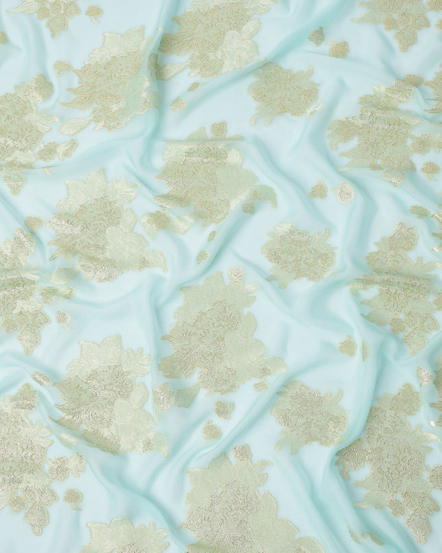 Aqua Blue Floral Metallic Lurex Pure Silk Chiffon Fabric, 110 Cms Width, South Korea-D25234