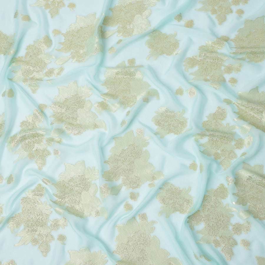 قماش شيفون حرير نقي لوركس معدني مزهر أزرق مائي، عرض 110 سم، كوريا الجنوبية - D25234