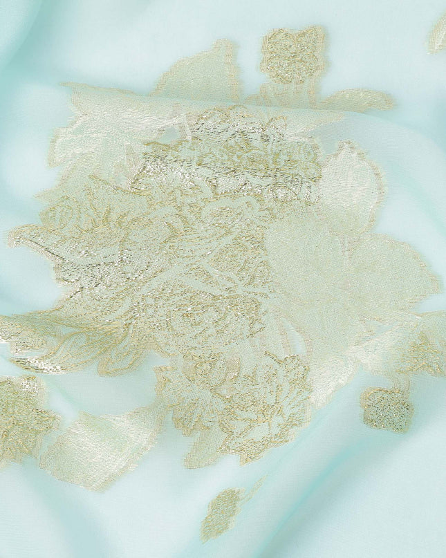 Aqua Blue Floral Metallic Lurex Pure Silk Chiffon Fabric, 110 Cms Width, South Korea-D25234