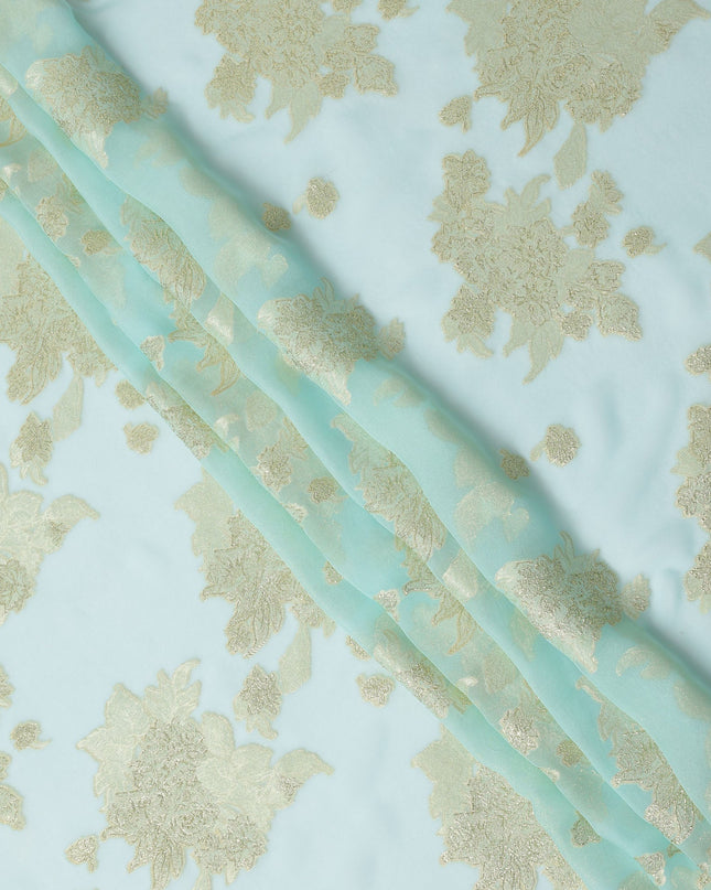 Aqua Blue Floral Metallic Lurex Pure Silk Chiffon Fabric, 110 Cms Width, South Korea-D25234