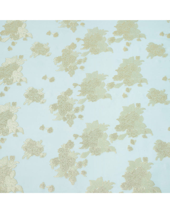 Aqua Blue Floral Metallic Lurex Pure Silk Chiffon Fabric, 110 Cms Width, South Korea-D25234