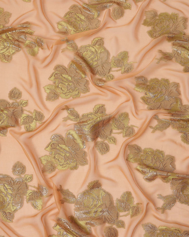 Peach Gold Floral Pure Silk Chiffon Fabric with Metallic Lurex, 110 Cms Width, South Korea-D25247