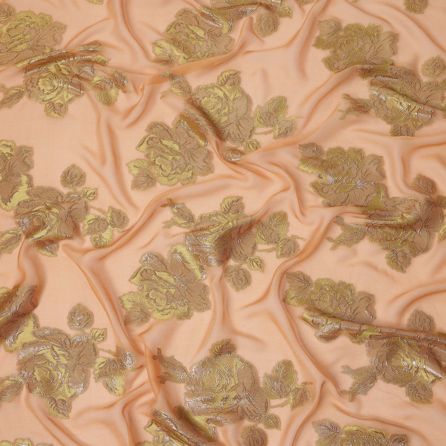 Peach Gold Floral Pure Silk Chiffon Fabric with Metallic Lurex, 110 Cms Width, South Korea-D25247