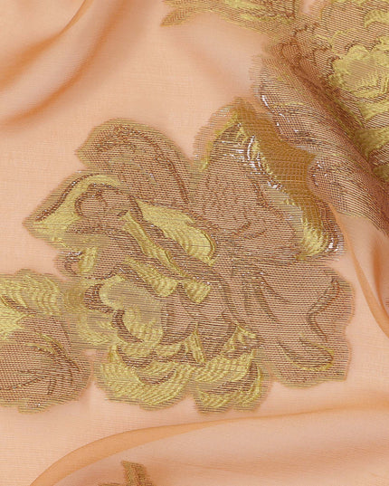Peach Gold Floral Pure Silk Chiffon Fabric with Metallic Lurex, 110 Cms Width, South Korea-D25247