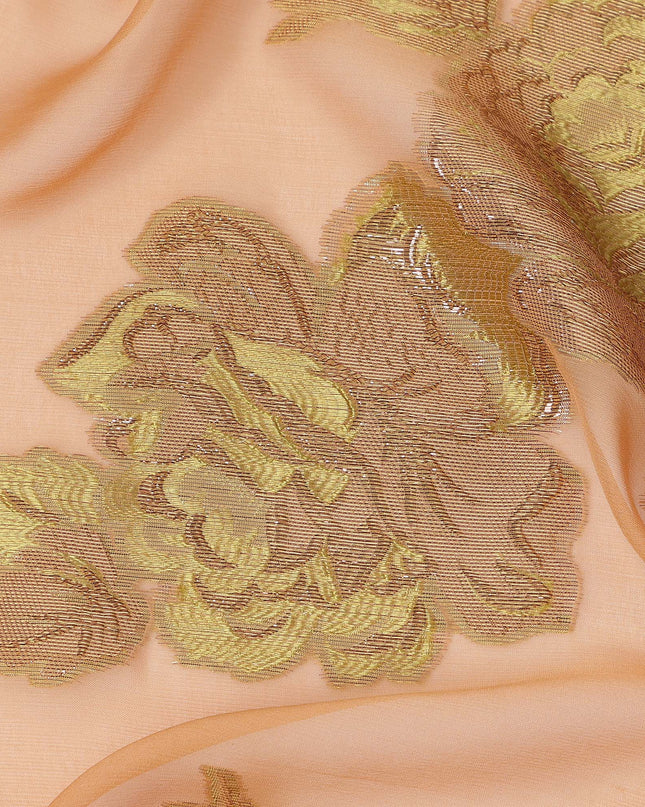 Peach Gold Floral Pure Silk Chiffon Fabric with Metallic Lurex, 110 Cms Width, South Korea-D25247