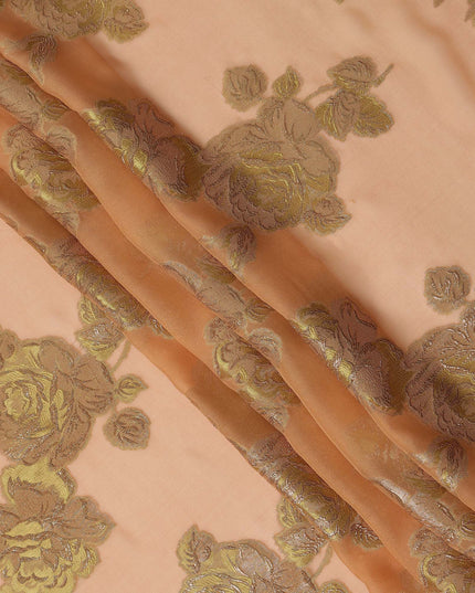 Peach Gold Floral Pure Silk Chiffon Fabric with Metallic Lurex, 110 Cms Width, South Korea-D25247