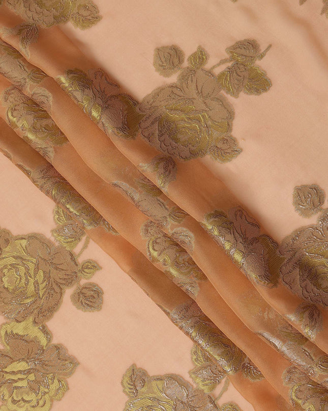 Peach Gold Floral Pure Silk Chiffon Fabric with Metallic Lurex, 110 Cms Width, South Korea-D25247