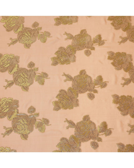 Peach Gold Floral Pure Silk Chiffon Fabric with Metallic Lurex, 110 Cms Width, South Korea-D25247