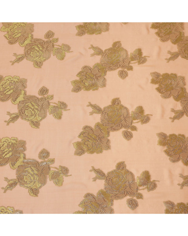 Peach Gold Floral Pure Silk Chiffon Fabric with Metallic Lurex, 110 Cms Width, South Korea-D25247