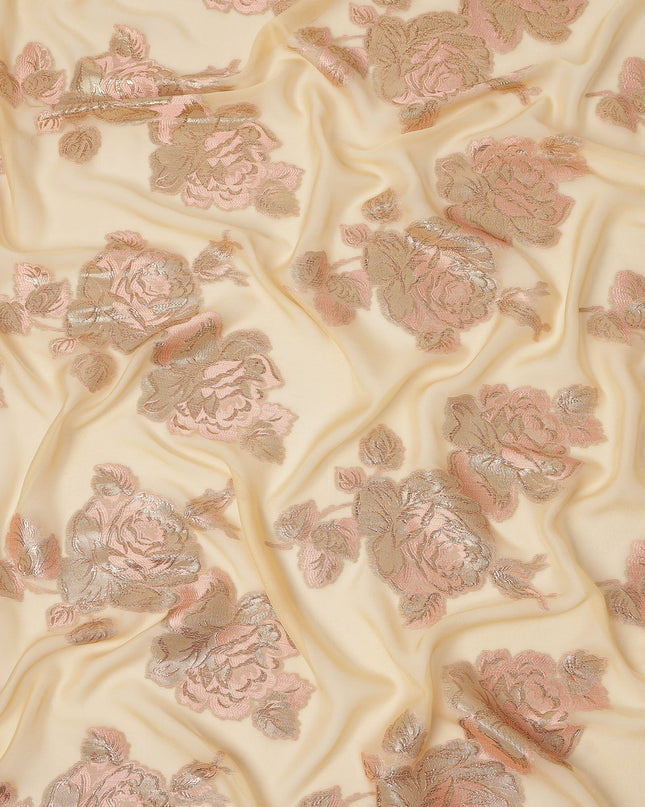 Cream Pink Floral Pure Silk Chiffon Fabric with Metallic Lurex, 110 Cms Width, South Korea-D25243