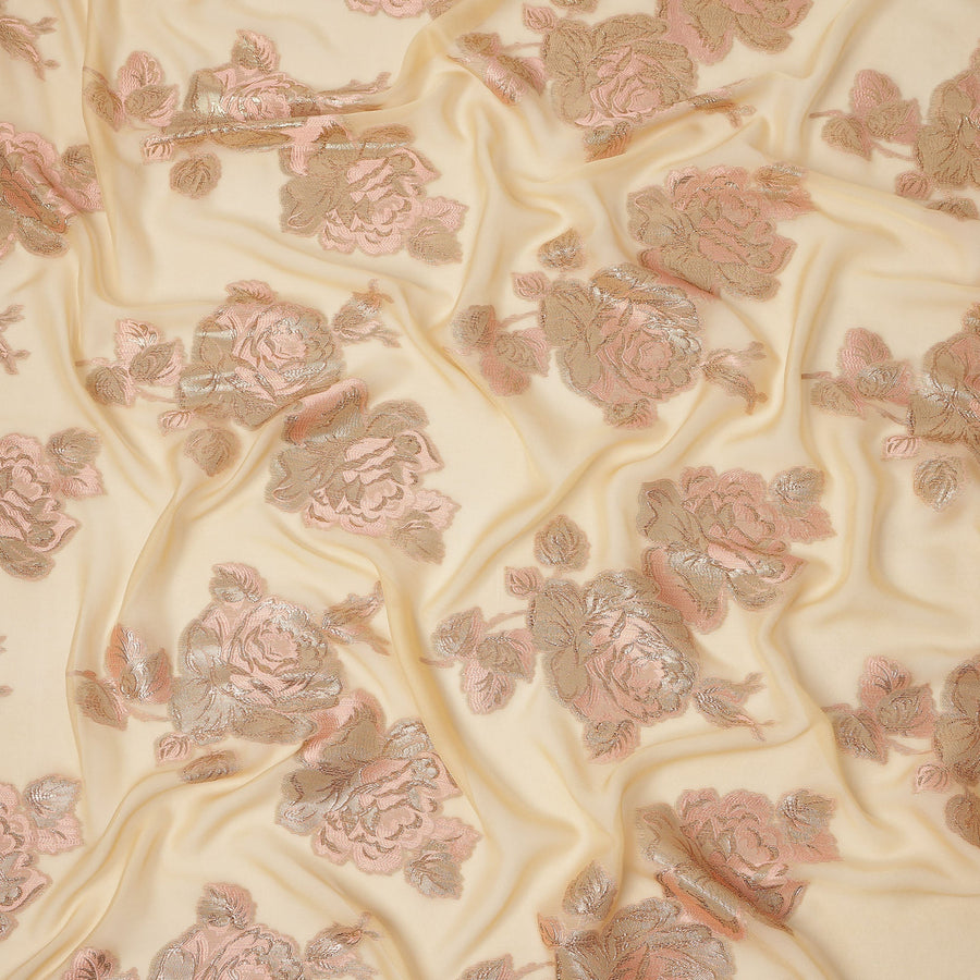 Cream Pink Floral Pure Silk Chiffon Fabric with Metallic Lurex, 110 Cms Width, South Korea-D25243