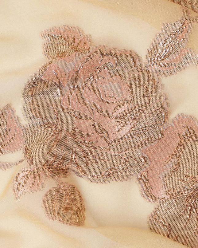 Cream Pink Floral Pure Silk Chiffon Fabric with Metallic Lurex, 110 Cms Width, South Korea-D25243
