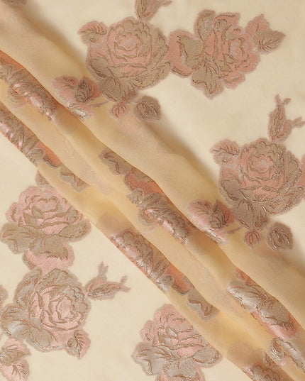 Cream Pink Floral Pure Silk Chiffon Fabric with Metallic Lurex, 110 Cms Width, South Korea-D25243