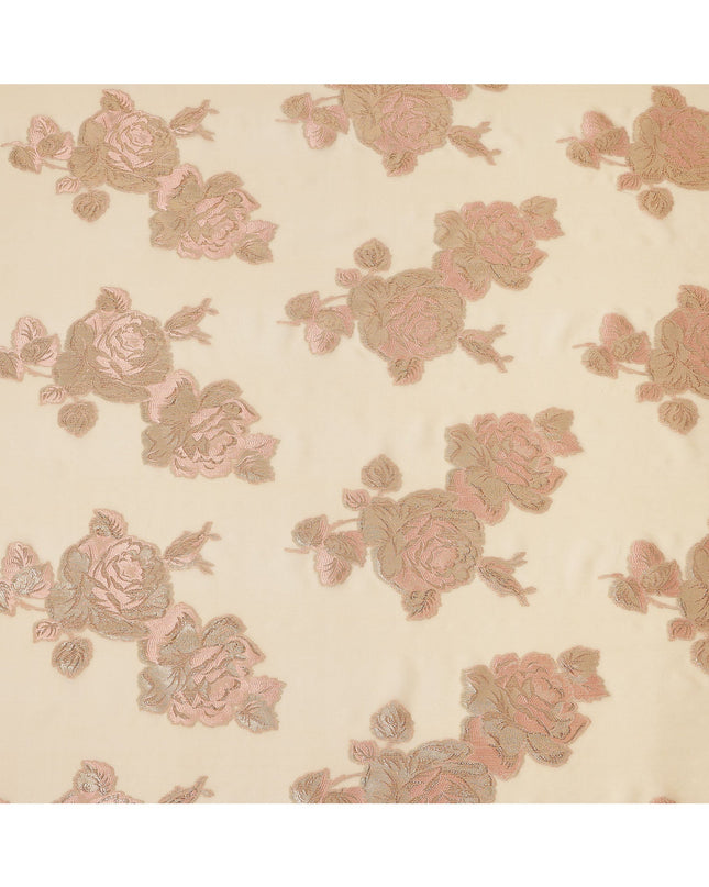 Cream Pink Floral Pure Silk Chiffon Fabric with Metallic Lurex, 110 Cms Width, South Korea-D25243