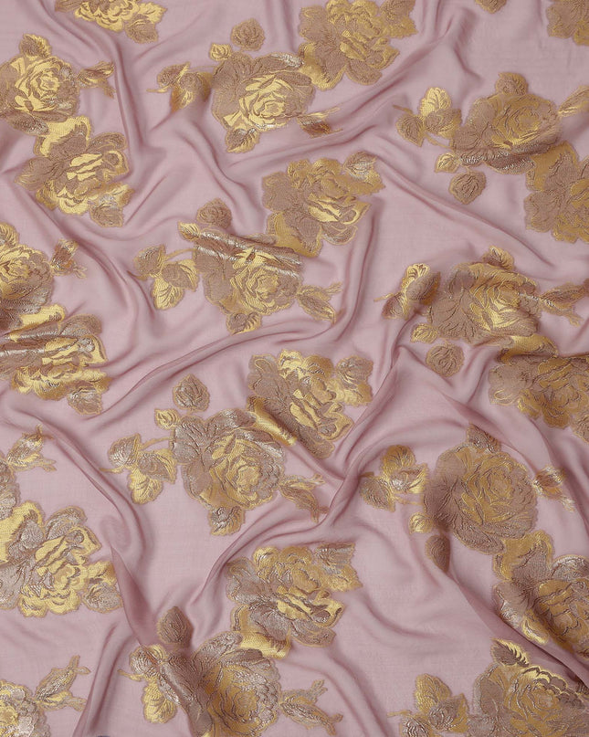 Pink Gold Floral Pure Silk Chiffon Fabric with Metallic Lurex, 110 Cms Width, South Korea-D25257