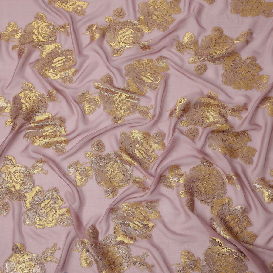 Pink Gold Floral Pure Silk Chiffon Fabric with Metallic Lurex, 110 Cms Width, South Korea-D25257