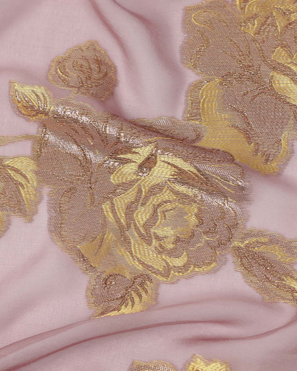 Pink Gold Floral Pure Silk Chiffon Fabric with Metallic Lurex, 110 Cms Width, South Korea-D25257