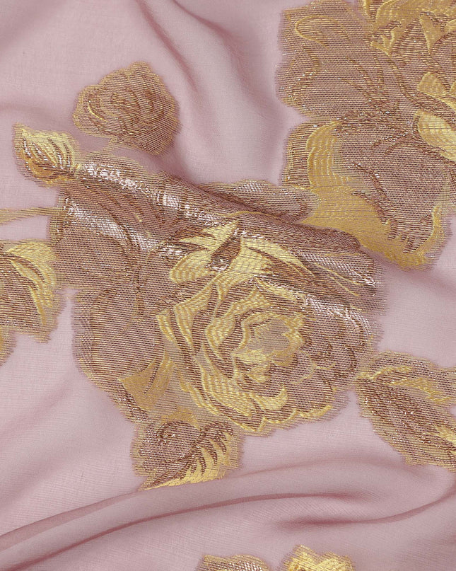 Pink Gold Floral Pure Silk Chiffon Fabric with Metallic Lurex, 110 Cms Width, South Korea-D25257